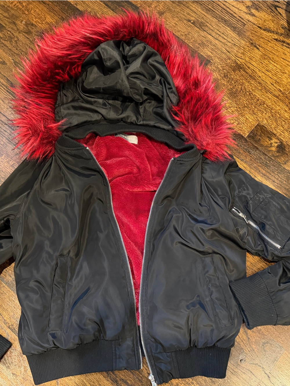 Women’s Bagatelle Black Bomber Jacket with removable Red Faux-Fur Trim